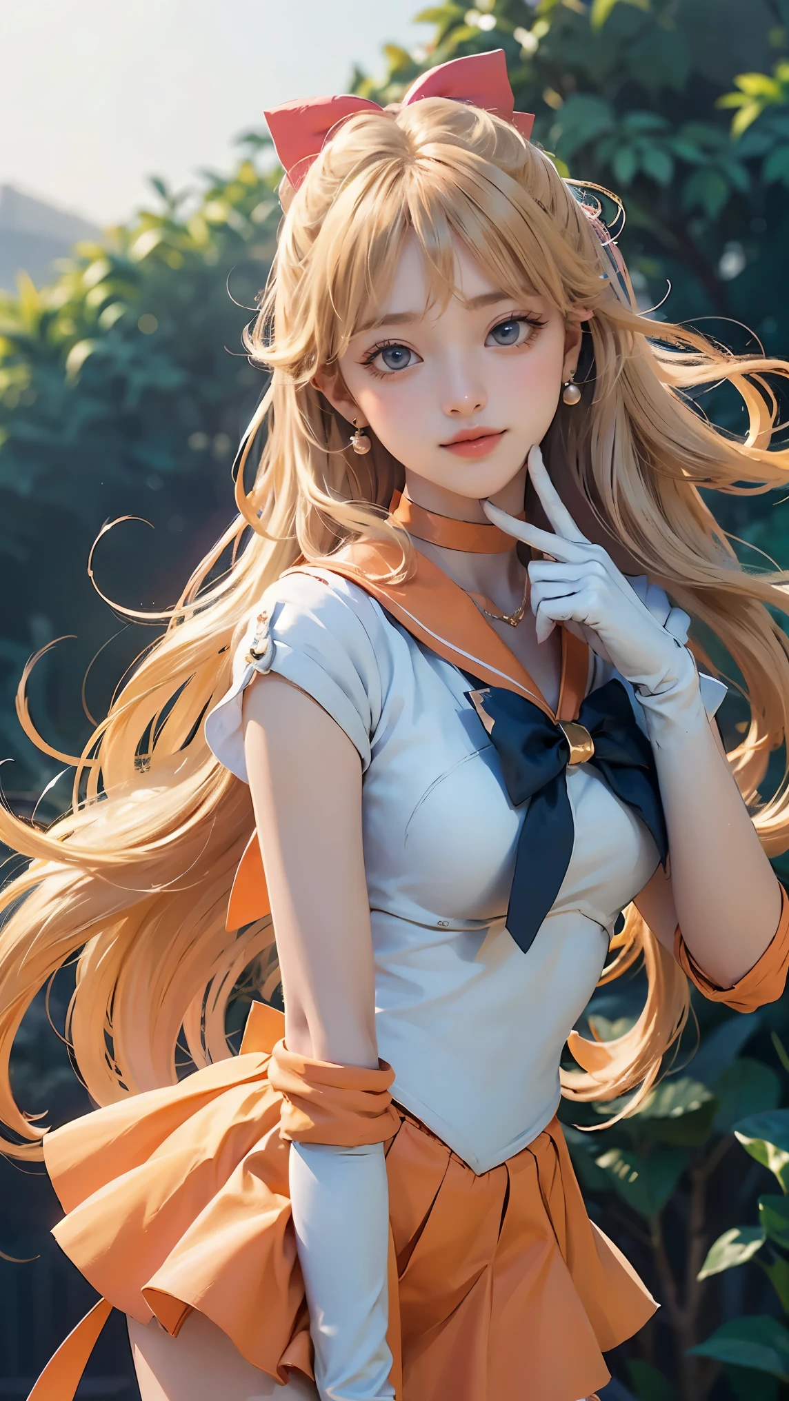 (masterpiece), (best quality), (ultra detailed),(illustration), (1girl),looking at viewer, (interview),beautiful detailed eyes, delicate beautiful face, Floating,(high saturation),(shining), sv1, Venus 1, Sailor Senshi Uniform, Sailor Venus, Minako Aino, Blonde Hair, Magical Girl, Blue Eyes, White Panties, Orange Skirt, Elbow Gloves, Tiara, Pleated Skirt, Hair Ribbon, Orange Sailor Color, Mini Skirt, Choker, Red Bow, Orange Choker, White Gloves, Very Long Hair, jewelry, earrings, smile,