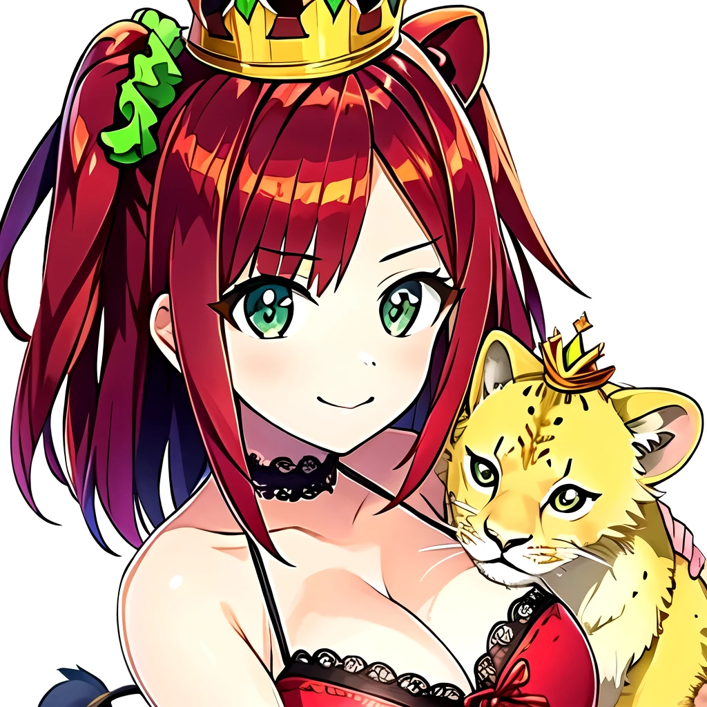 (masterpiece, highest quality:1.2), sakimiyairuka, One side up, Green scrunchie, hair ornaments, Redhead, Green Eyes,Lion cub with crown、

