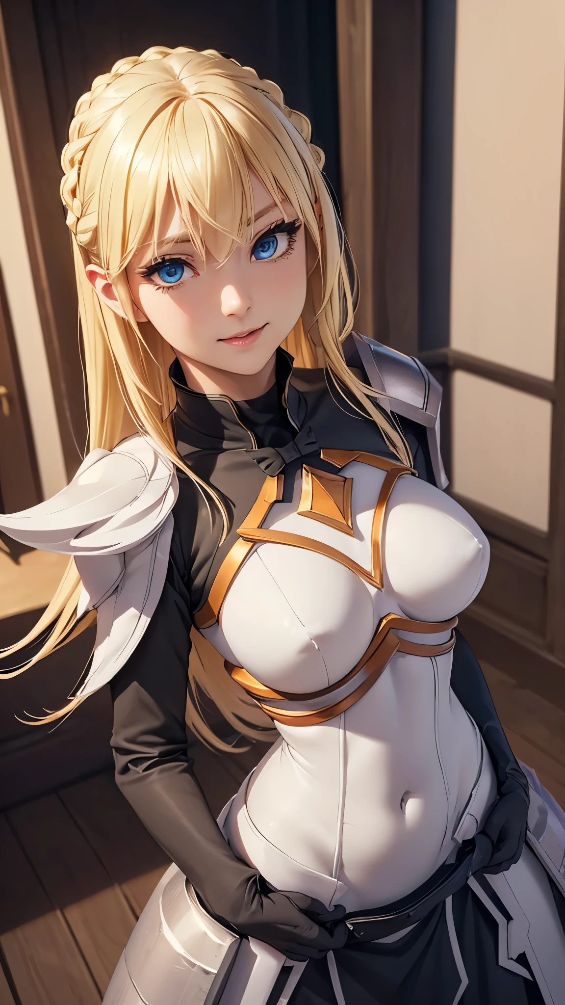 ((ultra quality)), ((Masterpiece)), ((8K)), ((Darkness)), ((blonde, darkness hairstyle)), (Beautiful face), (), charming, ((excited facial expression)), looks at the camera with a slight smile, eyes closed a little, (Skin color white), (White skin), glare on the body, ((detailed beautiful female eyes)), ((Blue eyes)), (beautiful female lips), (dark eyeliner), (beautiful female hands), ((Ideal female figure)), Ideal female body, beautiful waist, beautiful hips, small breasts, (cloth: sexy white and orange Darkness armor), ((subtle and beautiful)), stands temptingly (), background: Dark Dungeon, ((depth of field)), ((high quality clear image)), (clear details), ((High detail)), realistically, ((Clear Focus)), anime.