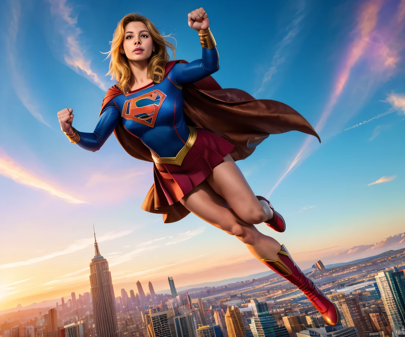Supergirl flying through the air with a raised fist, divine feminine figure,illustration,ultra-detailed,highres,(best quality,4k,8k,masterpiece:1.2),intense facial expression,strong and confident pose,flowing cape,golden halo,fierce eyes,superhero costume,cityscape in the background,vivid colors,sharp focus,bokeh,studio lighting