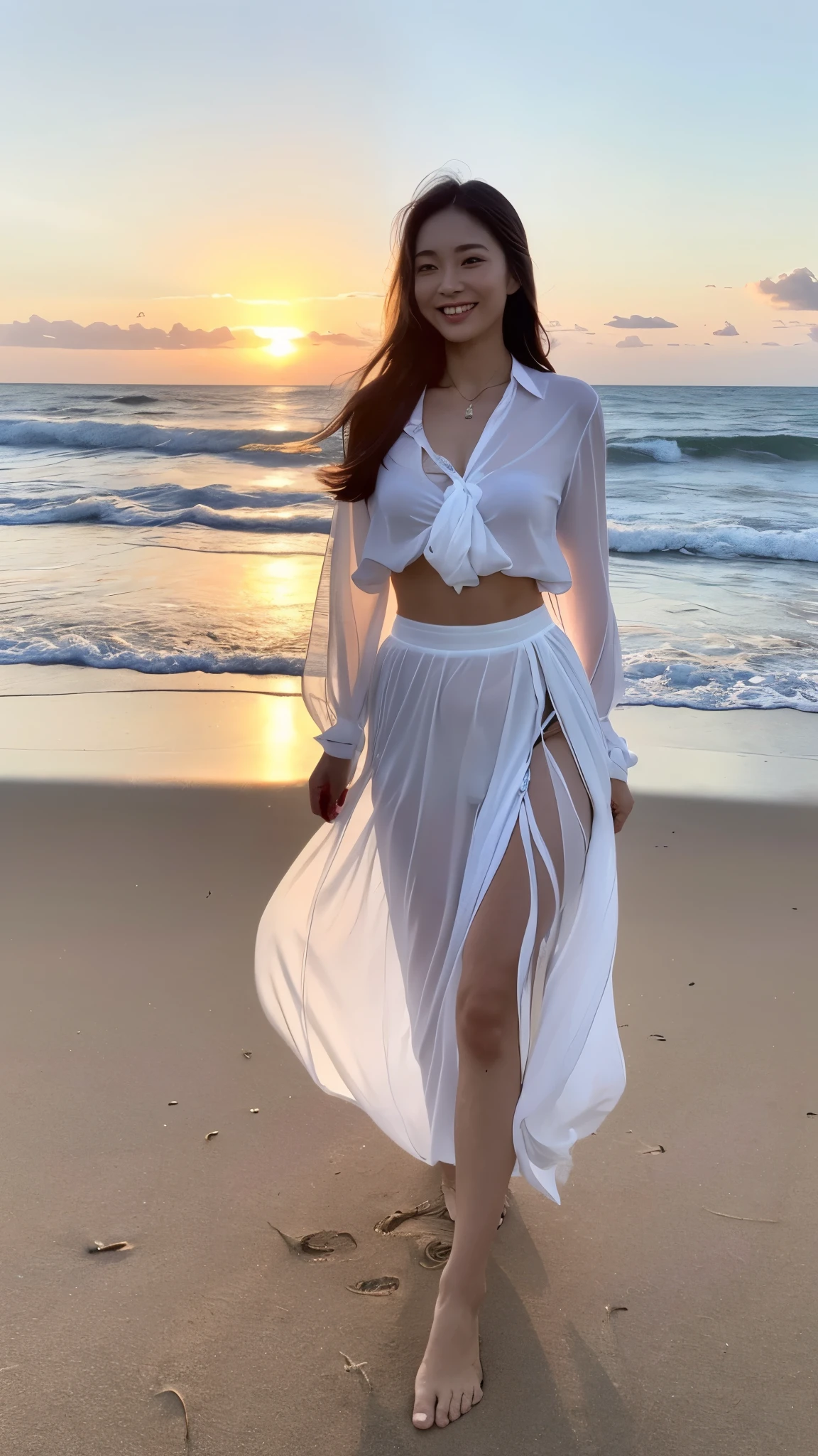((Top Quality)), ((8K)), ((Masterpiece: 1.3)), (Perfect Appearance), (Photorealism: 1.6), (Japanese woman walking on the beach with the sunset in the background: 1.4), (sandy beach at sunset), (The sea dyed red by the sunset), (The setting sun is dazzling), (Backlit), (Mont Saint Michel can be seen in the background: 1.2), japanese woman, (48 years old), (back view), ((Standing upright, facing forward, center of screen)), ((Realistic skin texture)), (Fine wrinkles throughout the skin: 1.3), (Dull skin: 1.1), (Skin without moisture: 1.2) , (Wrinkles on the face: 0.9), (Wrinkles on the corners of the eyes: 1.2), Double eyelids, tear bags on the lower eyelids, (Crying moles: 0.9), The eyes are looking here, serious gaze, (Dimples: 1.2), smile with the corners of the mouth raised wide, straight medium length, hair fluttering in the wind, soft fabric blouse, (transparent blouse: 1.3), (Plump and glamorous body), (wide sleeves), (Cuffs that fit your wrist), (The hem of the blouse is tucked into the skirt: 1.2), (long skirt: 1.2), (Bare feet wet with seawater), (whole body: 1.3), Angle from feet: 1.2,
