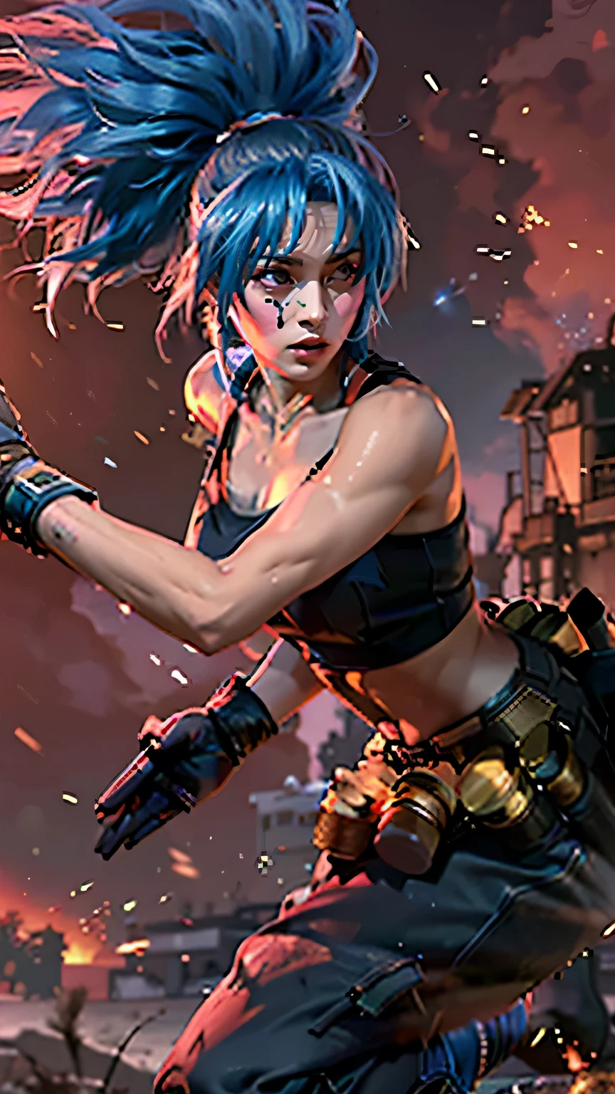 (8k, best quality, masterpiece:1.2), (realistic, photo-realistic:1.37), ultra-detailed,
A detailed portrait of 1 girl 21 year old girl, fantasy character, blue eyes, blue hair color, detail face, pale skin, perfect abs, face facing the camera, wearing black tanktop. The scene is illuminated with professional lighting, photon mapping, and radiosity, with Tetsuya Nomura Style and a japanese feel, Leona KoF cosplay, The King of Fighters. In the dark desert background with blur or bokeh effect, neon details, realistic light.