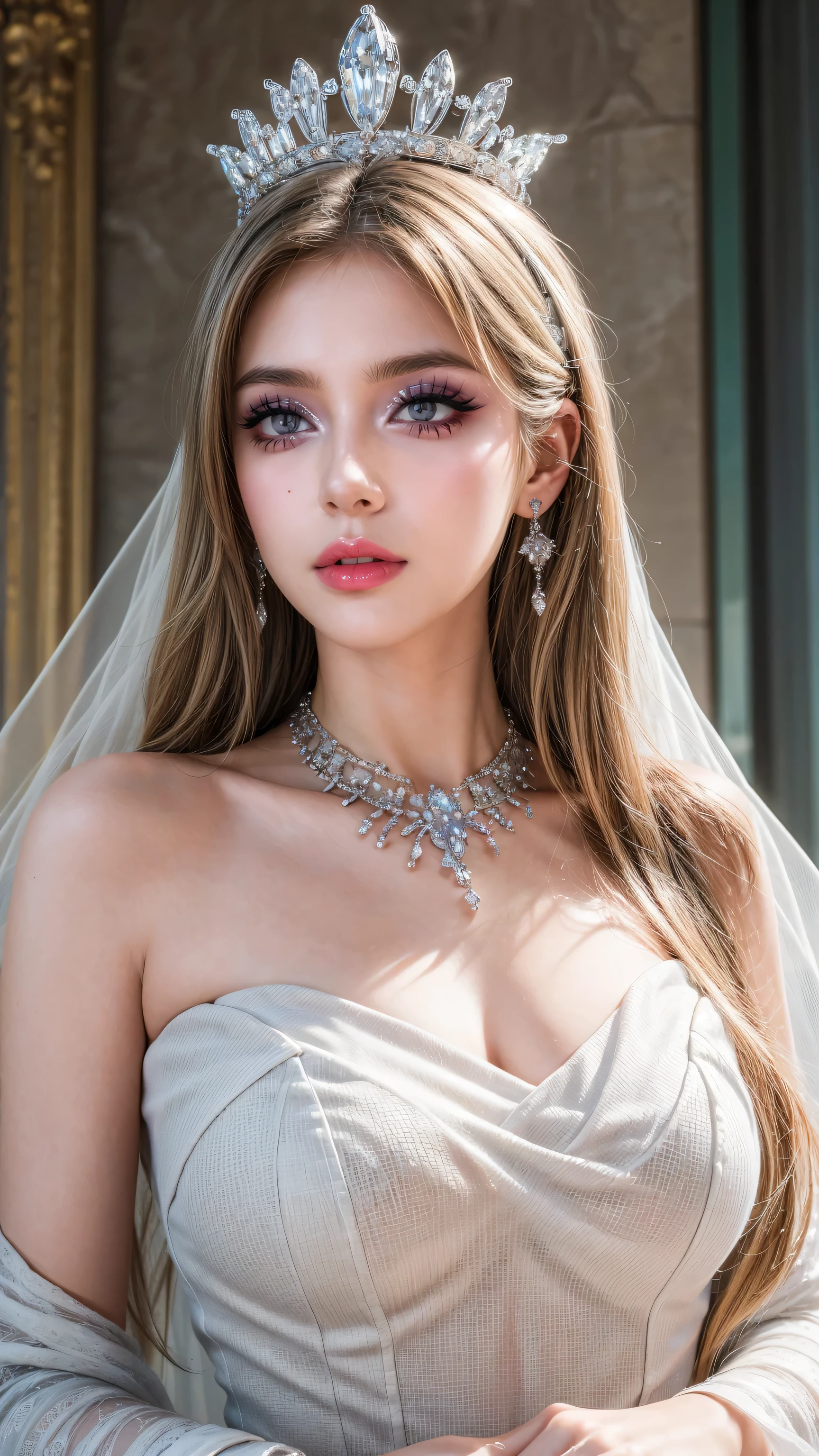 (masterpiece, best quality: 1.4), Detailed background, White crystal, Crystal Cluster,Long hair,jewelry, earrings, necklace, crown, bride, white hair, Halo,