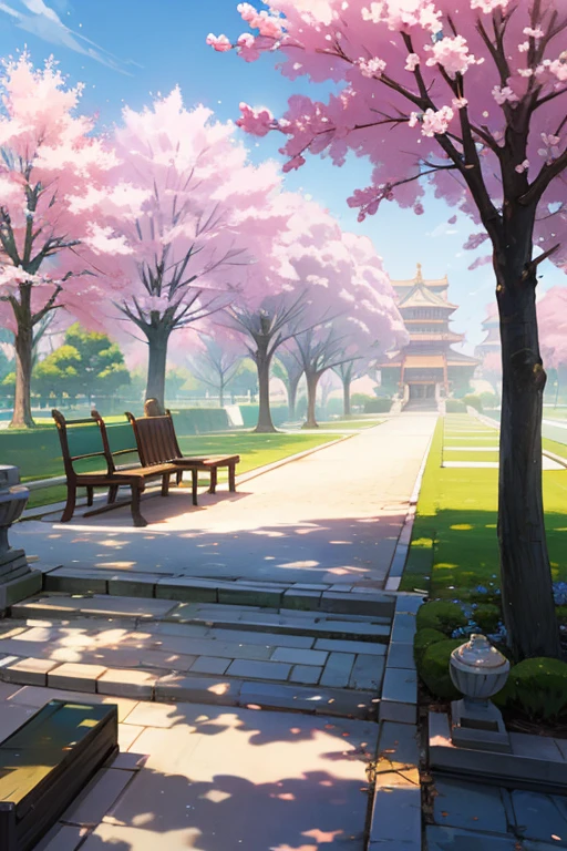street, park, sakura trees, landscape, fountain, stone road, benches, blue sky, day, fantasy world, medieval world, Chinese Palace