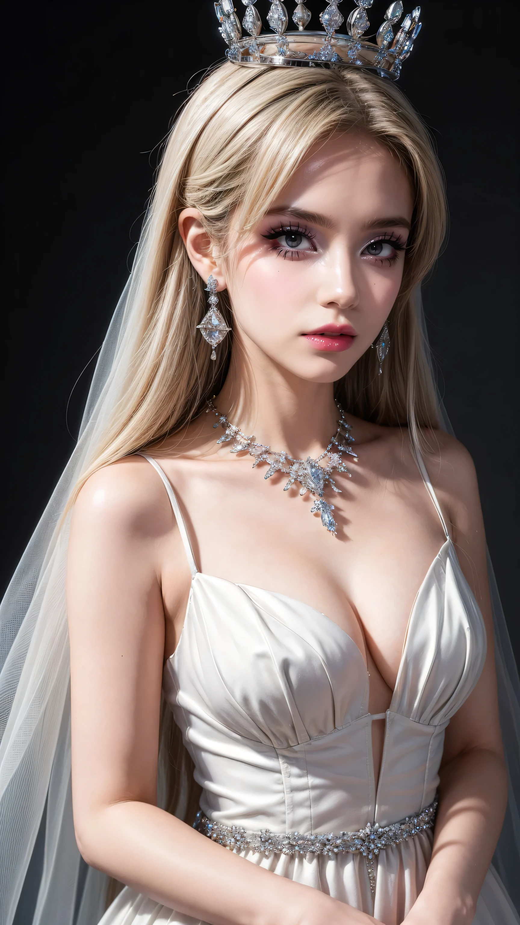 (masterpiece, best quality: 1.4), Detailed background, White crystal, Crystal Cluster,Long hair,jewelry, earrings, necklace, crown, bride, white hair, Halo,