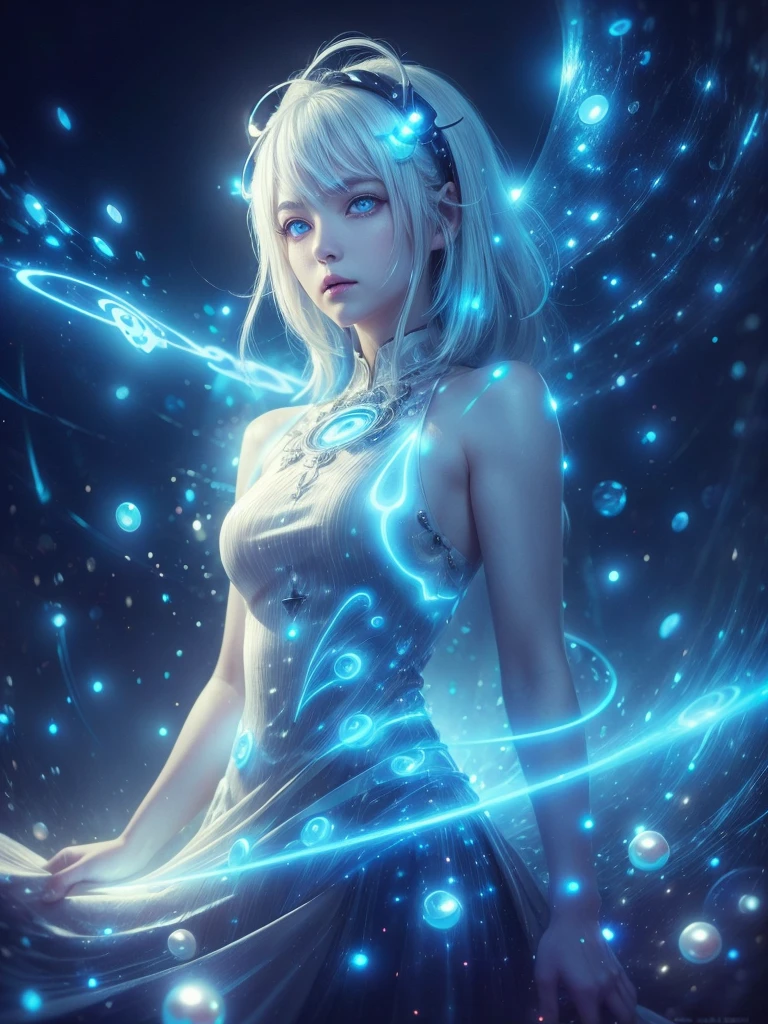 ((upper body)), best quality, masterpiece, a Japanese woman with ((Luminescence white hair)), ((detailed pearl blue eye)), high detailed goddess soul, focus on character, solo, (style swirl magic), solo, from front, front view, looking at viewer, detailed face, ((Luminescence Lighting Magic Circle theme)), perched on a ledge, tight neon body, light streaks, dark abyssal wanderer abstract, ((Simple Luminescence Neon Gown)), inscribed with mystical runes, outdoor dystopian background,