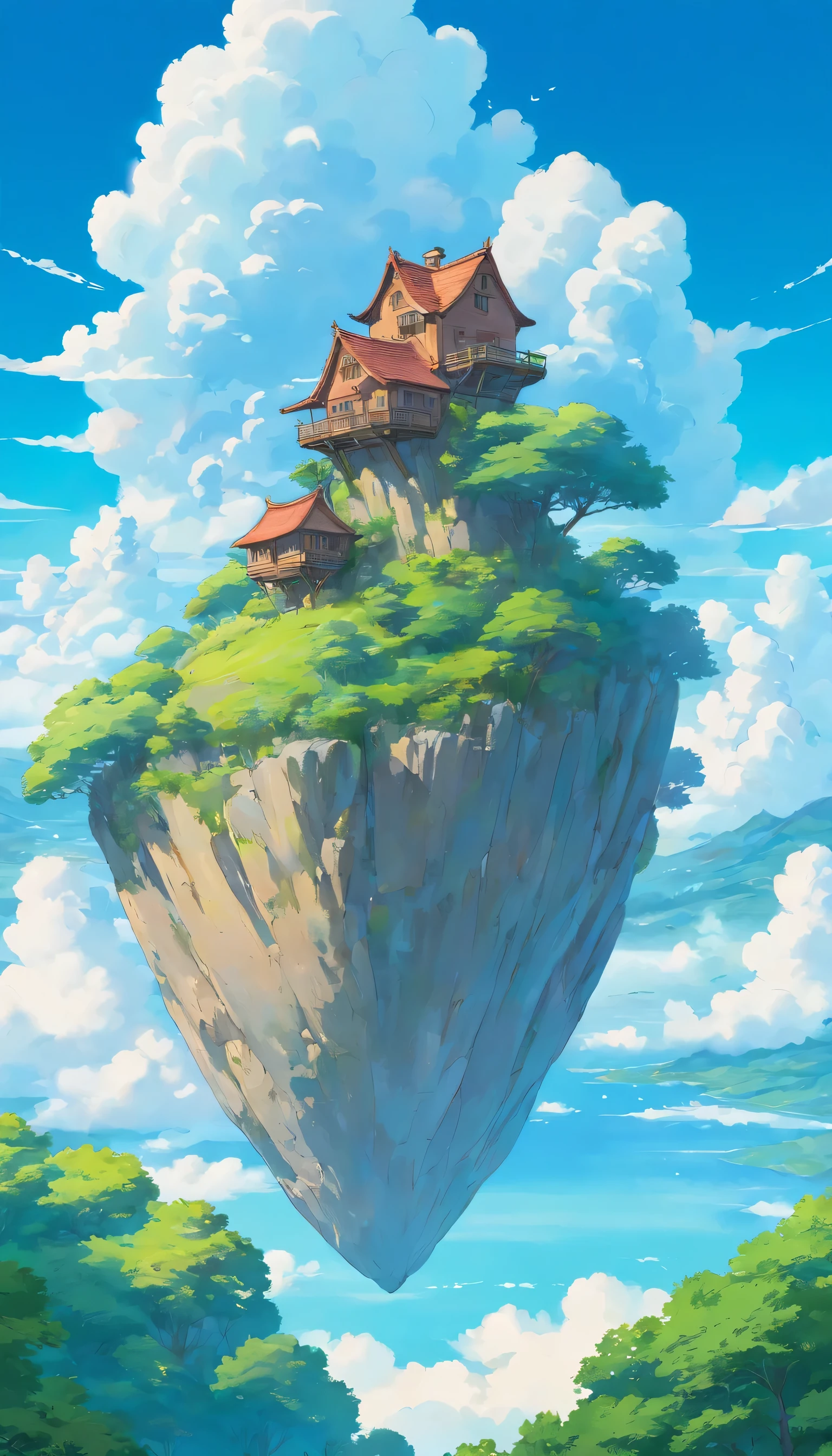 Flying house, beautiful clouds, blue sky, nature scenery, without humans. Do not add box at the bottom of the rock 