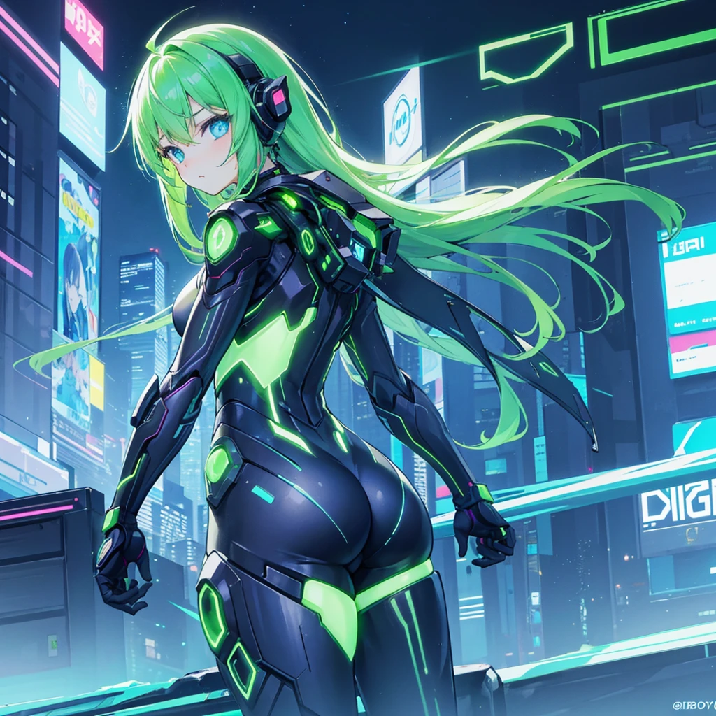 girl, Gazing into night coty,cyborg suit with green neon hilights, cute, sorrow, cyberpunk, T-back, blue eyes, hip, Moe,