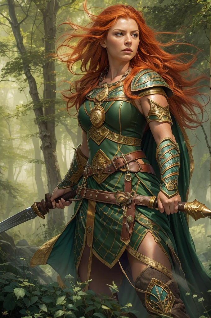 In the misty heart of a cold, dense forest, Boadicea, Britain's legendary Celtic queen, stands poised for battle against Roman invaders. Her ginger hair flows like a fiery banner, reflecting her fierce beauty and unyielding power. Around her, the air thrums with druidic magic, casting an ethereal glow over her and her loyal warriors. Clad in traditional Celtic armor, she exudes an aura of authority and determination, ready to lead her people with valor and might.






