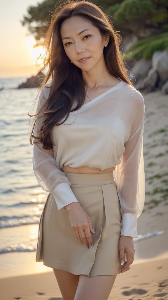 ((Top Quality)), ((8K)), ((Masterpiece: 1.3)), (Perfect Appearance), (Photorealism: 1.6), (Japanese woman walking on the beach with the sunset in the background: 1.4), (sandy beach at sunset), (The sea dyed red by the sunset), (The setting sun is dazzling), (Backlit), (Mont Saint Michel can be seen in the background: 1.2), japanese woman, (48 years old), (back view), (turn around), ((Standing upright, facing forward, center of screen)), ((Realistic skin texture)), (Fine wrinkles throughout the skin: 1.3), (Dull skin: 1.1), (Skin without moisture: 1.2) , (Wrinkles on the face: 0.9), (Wrinkles on the corners of the eyes: 1.2), Double eyelids, tear bags on the lower eyelids, (Crying moles: 0.9), The eyes are looking here, serious gaze, (Dimples: 1.2), smile with the corners of the mouth raised wide, straight medium length, hair fluttering in the wind, soft fabric blouse, (transparent blouse: 1.3), (Plump and glamorous body), (wide sleeves), (Cuffs that fit your wrist), (The hem of the blouse is tucked into the skirt: 1.2), (long skirt: 1.2), (Bare feet wet with seawater), (whole body: 1.3), Angle from feet: 1.2,