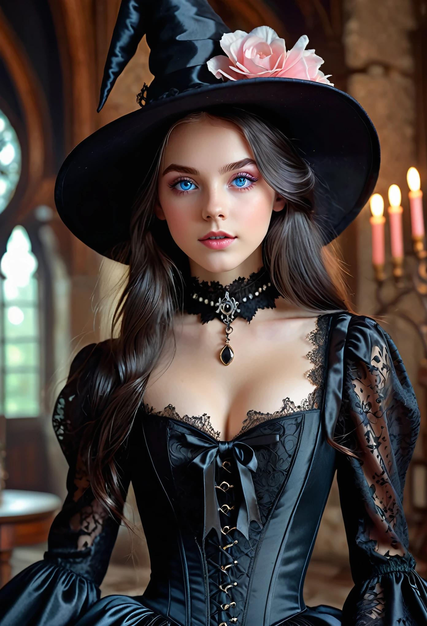 best quality,ultra-detailed,realistic,photorealistic,blue-eyed,long-haired girl looks happy,beautiful detailed eyes,beautiful detailed lips,long eyelashes,best quality painting,detailed,physically-based rendering,ultra-fine painting,fine details,painting,a age boy a teenboy joins a witch coven and he gets magically transformed into a cute teenage h girl, she loves her new identity has a maiden of witchcraft and eager to learn magic,gender bending,witches are helping dressing up the new girl,girl happily getting dressed in a stunning black victorian dress, physically-based rendering,gorgeous dress design,flowing gown,elaborate lace details,rich textures,contrast stitching,delicate ribbon bows,floral accents,full skirt,high neckline,long sleeves,fitted waistline,flared cuffs,lace-up back,luxurious fabrics,flawless silhouette,high heels, pink-eyed girl,effeminate face,pointy hat,high heels,corset,long black hair,witches assisting in dressing up the new girl in a stunning black Victorian dress, inside an abandoned castle with worned out furniture and occult symbol, happy and excited expression, joyful and radiant vibe, moonlit night with a full moon shining above, soft and ethereal lighting, high resolution, 4K, 8K