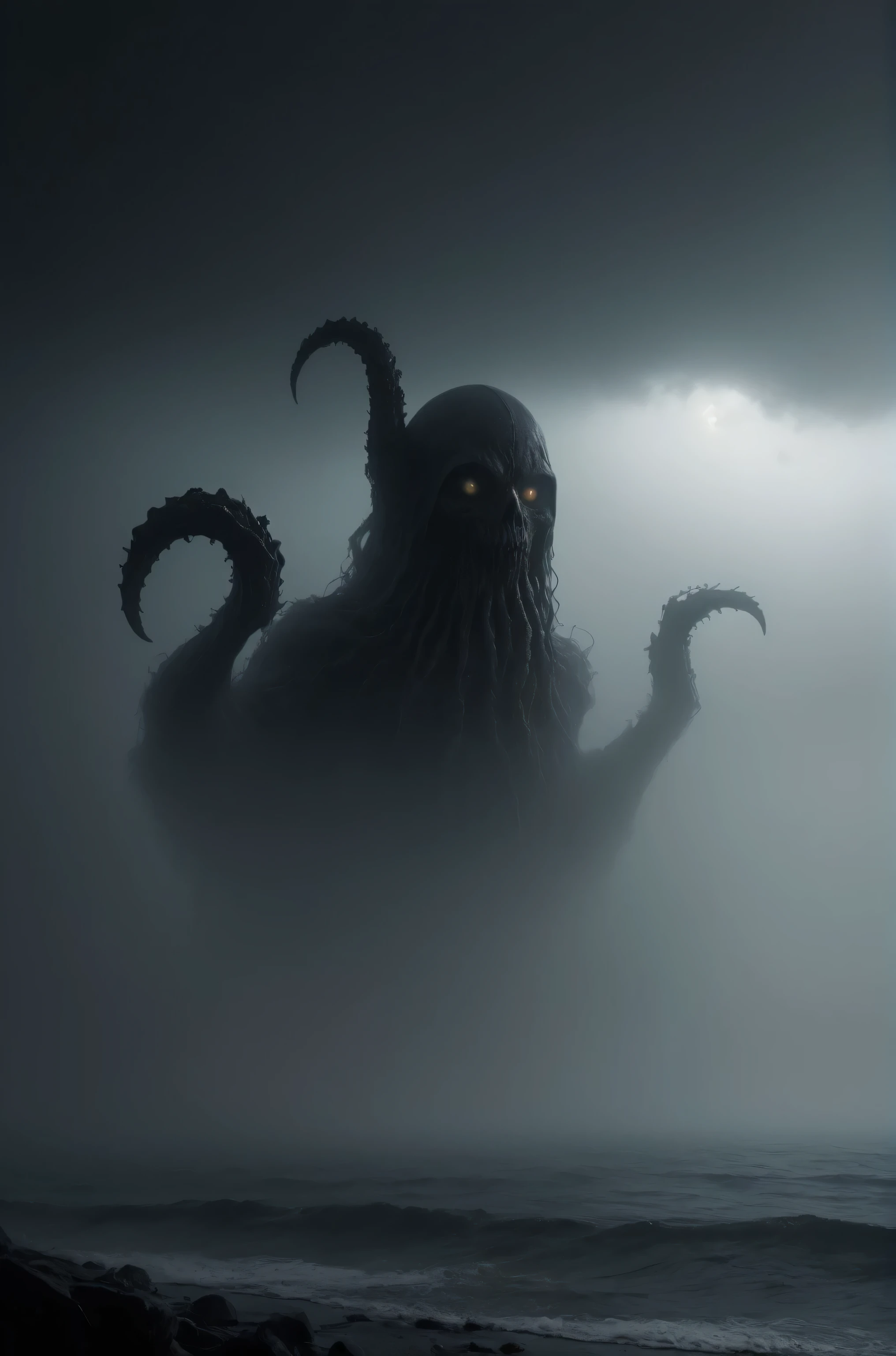 cthulhu, add mist, creepy, masterpiece, best quality, hyper detailed, ultra detailed, UHD, perfect anatomy, portrait, dof, hyper-realism, majestic, awesome, inspiring, sinister Dark, cinematic, deep blacks, Perfect Hands, cinematic composition, soft shadows, national geographic style, creepy, ominous, wide shot, long shot, far away, dynamic pose,