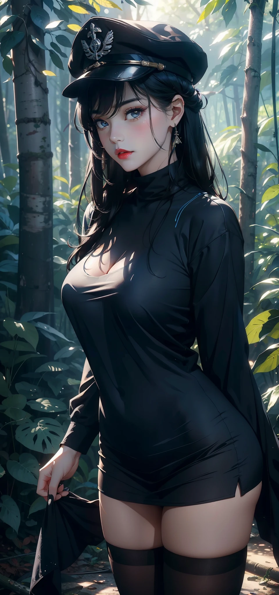 1female,35yo,huge-breasted,long leges,Pornographic exposure, 独奏,(Background with:hilltop,the rainforest,in summer,Standing water on the ground,exteriors) Feel free to hairstyle,Stride,Sweat profusely,drenched all over the body,seen from the front,Long black hair , mostly cloudy sky,(((tmasterpiece),(Very detailed CG unity 8K wallpaper),best qualtiy,cinmatic lighting,detailed back ground,beatiful detailed eyes,Bright pupils,(Very fine and beautiful),(Beautiful and detailed eye description),ultra - detailed,tmasterpiece,)),face to the viewer,frontage,A high resolution,ultra - detailed)nakeness,Wipe off panties,revealing breasts,Bare genitalia, Bulge,Camel toes,Raised sexy,Lewd expression,Flushed complexion,Open-mouthed,frontage,military hat,(Wearing:(Hooded sweatshirt,Black pantyhose)
