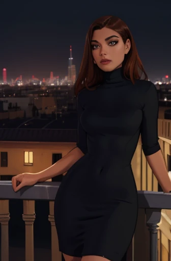 mndngwmn, (3/4 body), (ultra realistic,32k, masterpiece:1.2),(high quality), wearing a turtleneck bodycon dress, on a balcony at night with city on background