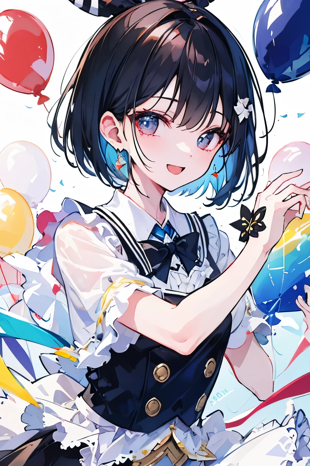 ((highest quality)), ((masterpiece)), (detailed), Perfect Face、
Hold up a white piece of paper、Facing forward、smile、Black Hair、Short Bob、The background that reflects the whole body is a celebration、balloon、