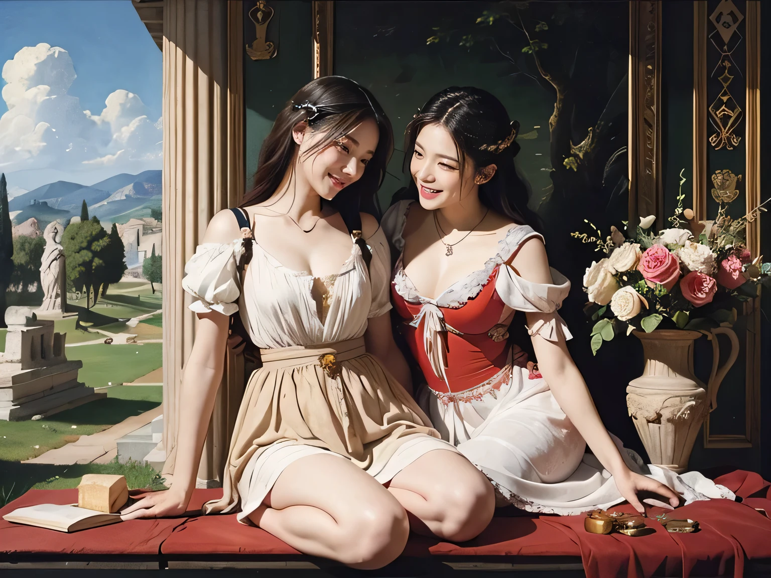 full body portrait or statue、Giorgione painting style,Arguments of two female Philosophe,math、astronomical machine、astronaut、roses in vase、fruits、Cute trinkets、smile、ancient greek costume、Ancient Roman landscape in the style of Nicolas Poussin,laughter,,Sweet and seductive appearance.、Caravaggio's paintings、Chiaroscuro of Caravaggio、hair tousled by the wind,Two women frolicking,cute smile, expression of ecstasy,Sexy,erotic,
