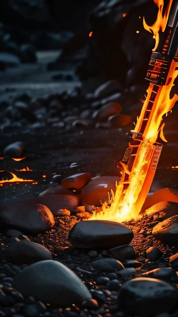 A  weapon made of lava placed on rocks