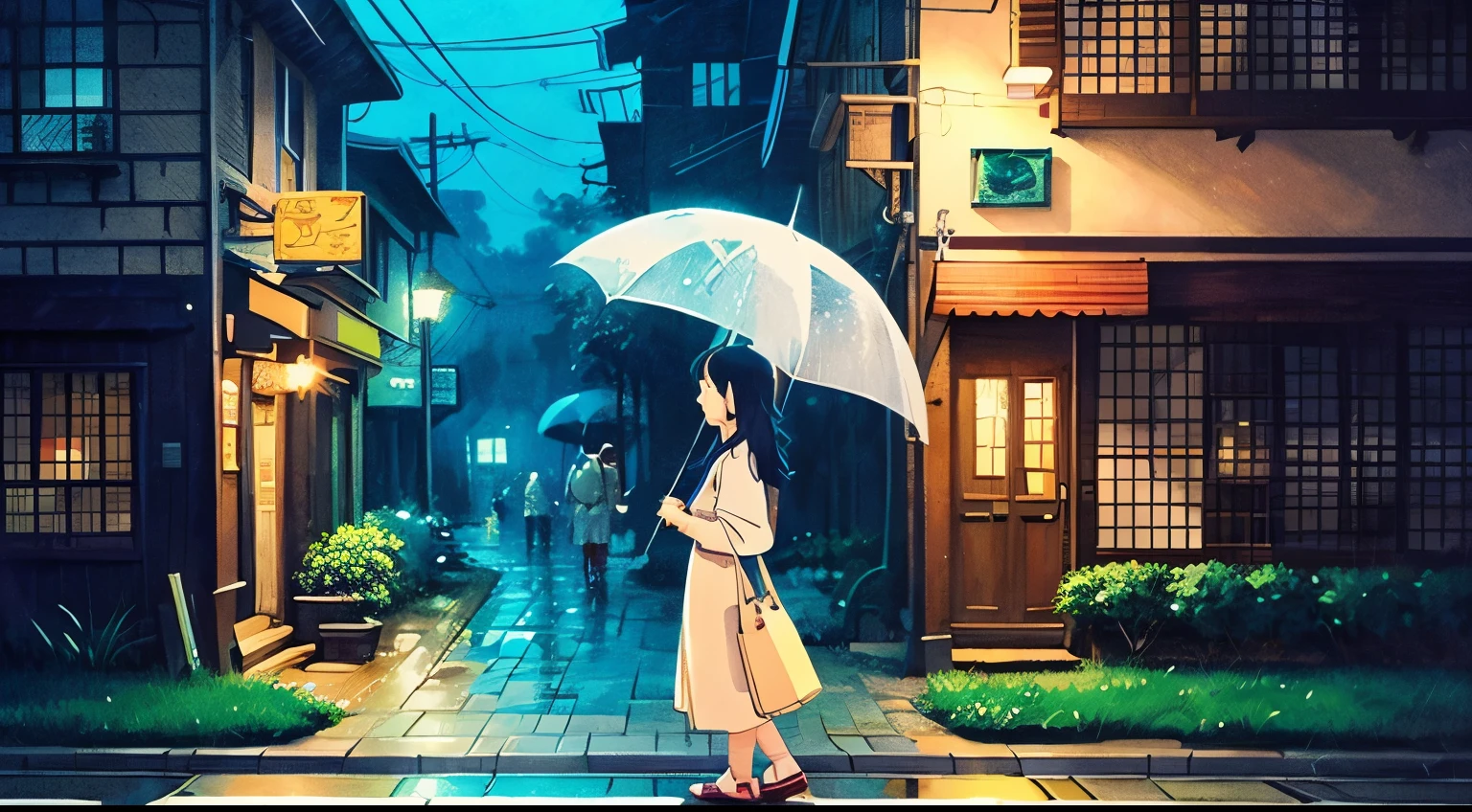 rain Cafe night Ghibli-style illustrations