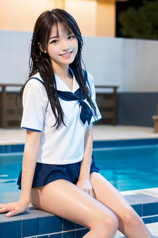 (8K), (highest quality: 1.2), (Realistic), (Realistic: 1.37), Ultra-high resolution,1 Japanese female,Night Pool,Sit by the pool,A radiant smile,Clear unevenness,Slender,whole body,Wet sailor suit,Wet straight hair,Beautiful water splashes