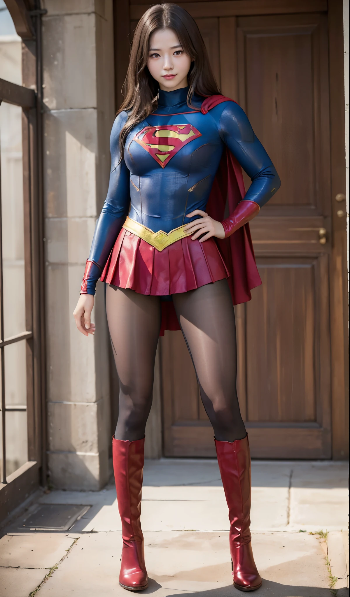 No background、(((Beautiful legs in black tights.)))、(((Legally express the beauty of your smile)))、((((Make the most of your original images)))、(((Supergirl Costume)))、(((Beautiful Hair)))、(((suffering)))、(((Please wear black tights....、Wear red boots)))、((Best image quality、8K))、((highest quality、8K、masterpiece:1.3))、(((Preserve background )))、Sharp focus:1.2、Beautiful woman with perfect figure:1.4、Thin abdominal muscles:1.2、Wet body:1.5、Highly detailed face and skin texture、8K