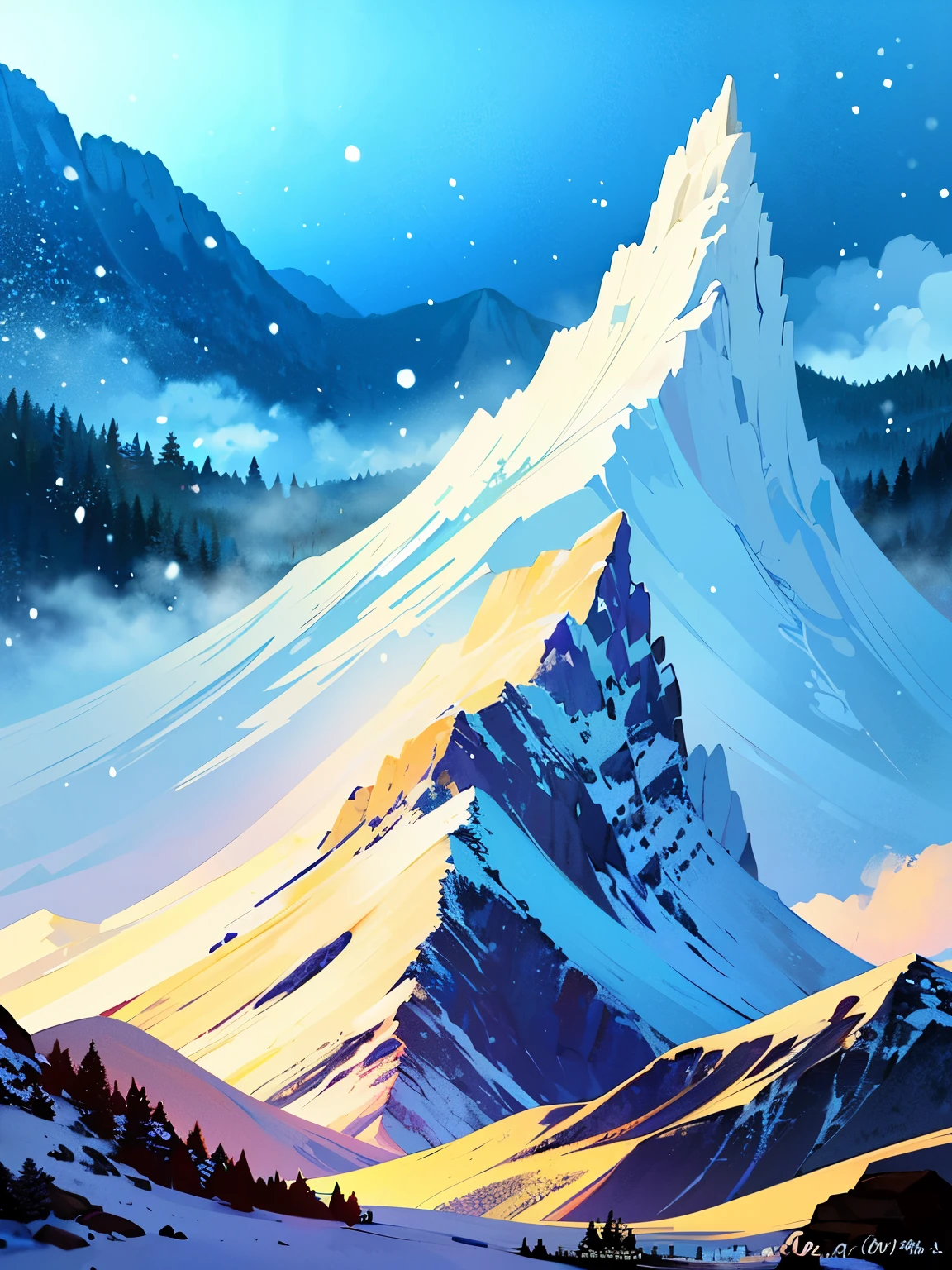 There are no people around、((Nobody is here))、((人工物がひとつもないNature))、((Snowy mountain with a severe snowstorm))、There is no way、No buildings、Nature、High quality、Detailed