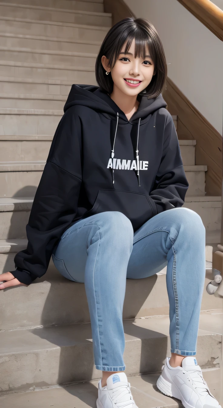 highest quality, Realistic, Very detailed, Finer details, High resolution, 8k wallpaper, One beautiful woman,Sit on the stairs、(Wear black socks)smile、(Beautiful teeth alignment、)(Gums are visible) Oversized hoodie, Skinny jeans, White sneakers、Black Hair、 Beautiful Bangs、ear piercing、、short hair、Perfect dynamic composition, Beautiful and detailed, Full Body Shot, A big smile