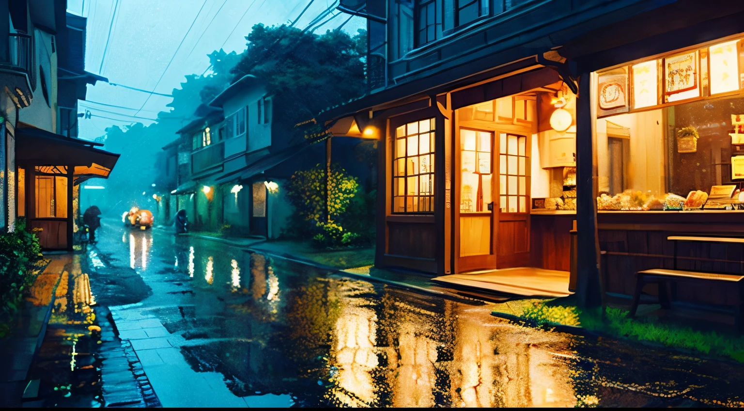 rain　Cafe　night　Ghibli-style illustrations