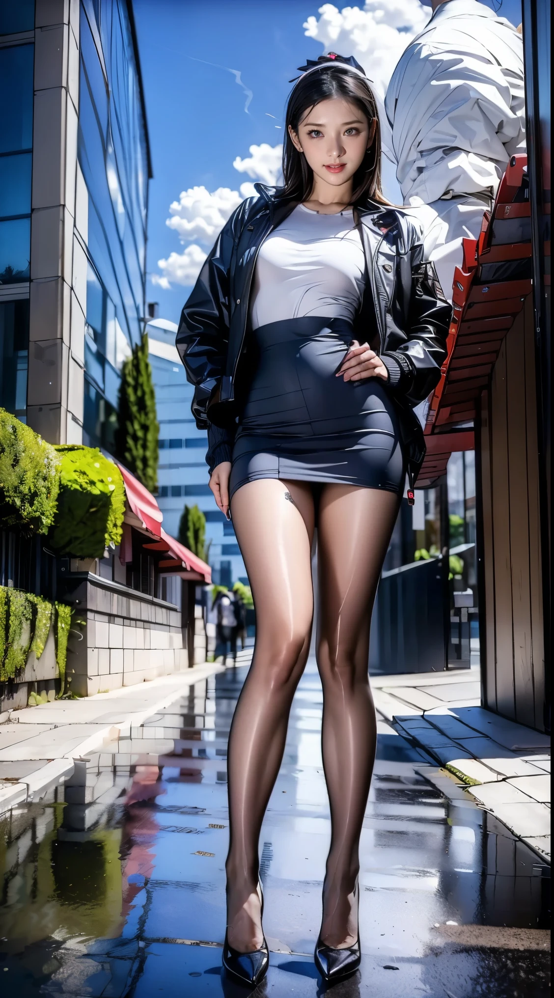 masterpiece,best quality,high resolution, 1 busty girl,From below,(The legs are very thin and straight)，,(Very long legs，Straight Legs),,High heel,Long legs,stand up, Leg length from the front, Perfect body,Have perfect legs,(bait)，whole body女，Cyberpunk Characters，Dynamic poses，1 busty girl，Exquisite eyes，Brown eyes，Eyeshadow，cosmetics，Long gray hair， Delicate face， Delicateeyes， Looking at the audience， Blush Blush\（cosmetics\）， Full lips， Red lips，（Long gray hair：1.3）， （stand up）Mechanical static，Mechanical Summoning，(Hair accessories:1.1)，City，Luminous clockwork，，Cyberpunk Lights:1.1)，Small face,Clear face,(Glowing skin:1.5),(Pale skin),Red lips,((Shoulder-length hair)),((Black straight bob)),Slim，Thin，Smile,Happy,(Black puffy jacket:1.3),(Under the coat is a black hip-hugging dress mini skirt),(Long legs:1.2),(Sheer black suspenders:1.2),(High heel:1.1),(cloudy:1.5),Dim Lights,(permanent:1.5),High-rise buildings,On the commercial street,(whole body:1.2),From the front,(rain:1.5),winter,Day scene,(Close shot:1.2),(Cowboy shooting:1.2),(Snow and mud on the ground),frog,haze,(Wet hair and clothes:1.5)