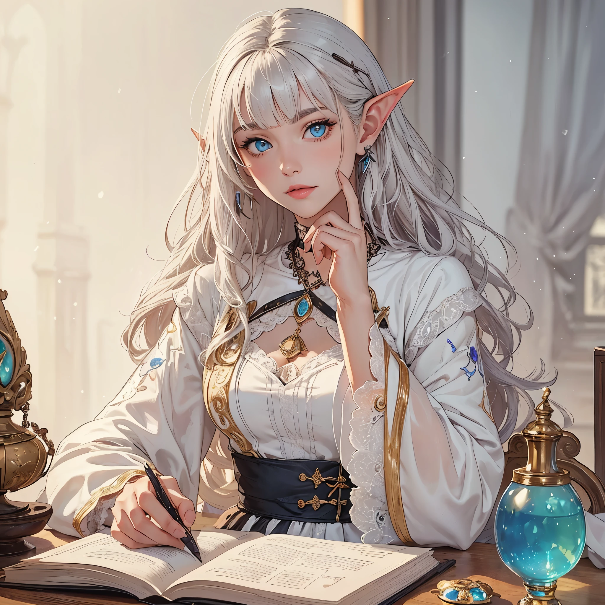 (best quality, ultra detailed), artwork, high resolution, Art Nouveau style, (exquisite body), (milky skin), correct proportions, The character is a 22 year old young woman, she has pale skin, perfect body with medium breasts, incomparable beauty, ((has long white hair with bangs)), Perfect face, white eyelashes, she has beautiful corrected and detailed eyes, ((((she has ocular heterochromia, right eye is violet and left is blue)))), she is elven, (((the character has long and pointed ears))), ((((she wears a long red queen dress, made of silk richly embroidered with detailed lace, puffed sleeves and modest)))), She wears a long white wool cape with a white fur collar, wearing long black satin gloves, she also wears a black choker adorned with gold and with a ruby in the center, the character is standing and facing the viewer, she has a seductive and confident expression, (((perfect hands))), correct fingers, realistic anime style, character image for role playing game, in a medieval castle office, winter landscape, misty atmosphere, 4k, character design, generate with SFW