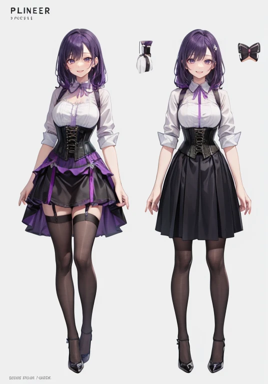 Purple hair,Long hair,Adult female,Bartender,((Body harness)),((Rolling up your sleeves shirt)),(Corset),(Tight skirt),Garter belt,High heels,((Simple background)),Smile,((Full body)),((whole body)),Character Sheet,