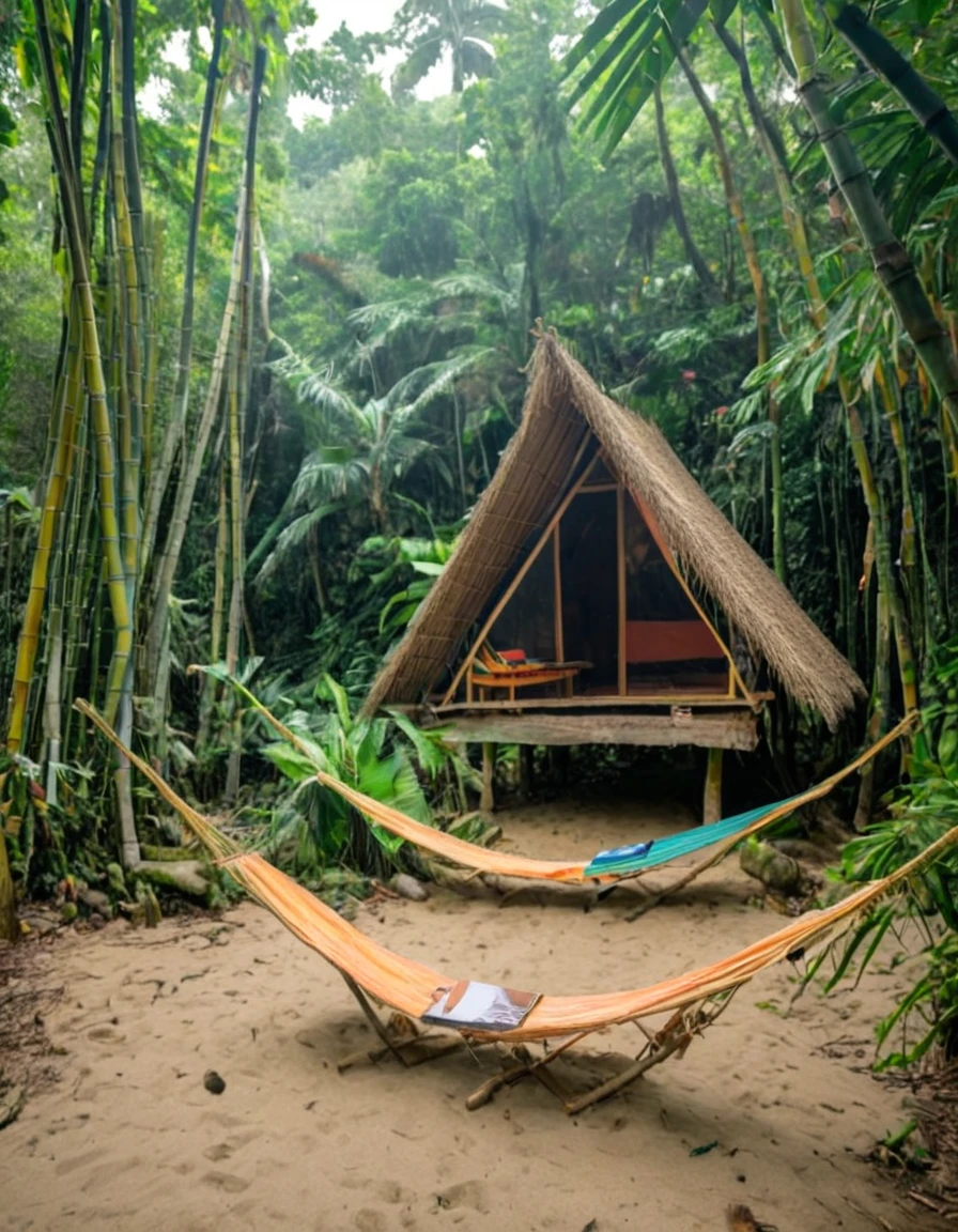 there is a hut with a hammock and a tent on the beach, tribe huts in the jungle, jungle setting, bamboo huts, witch hut, colombian jungle, makeshift house, cozy place, huts, glamping, conde nast traveler photo, tropical location, house in forest, tiny house, hut, tropical vibe, cottage hippie naturalist