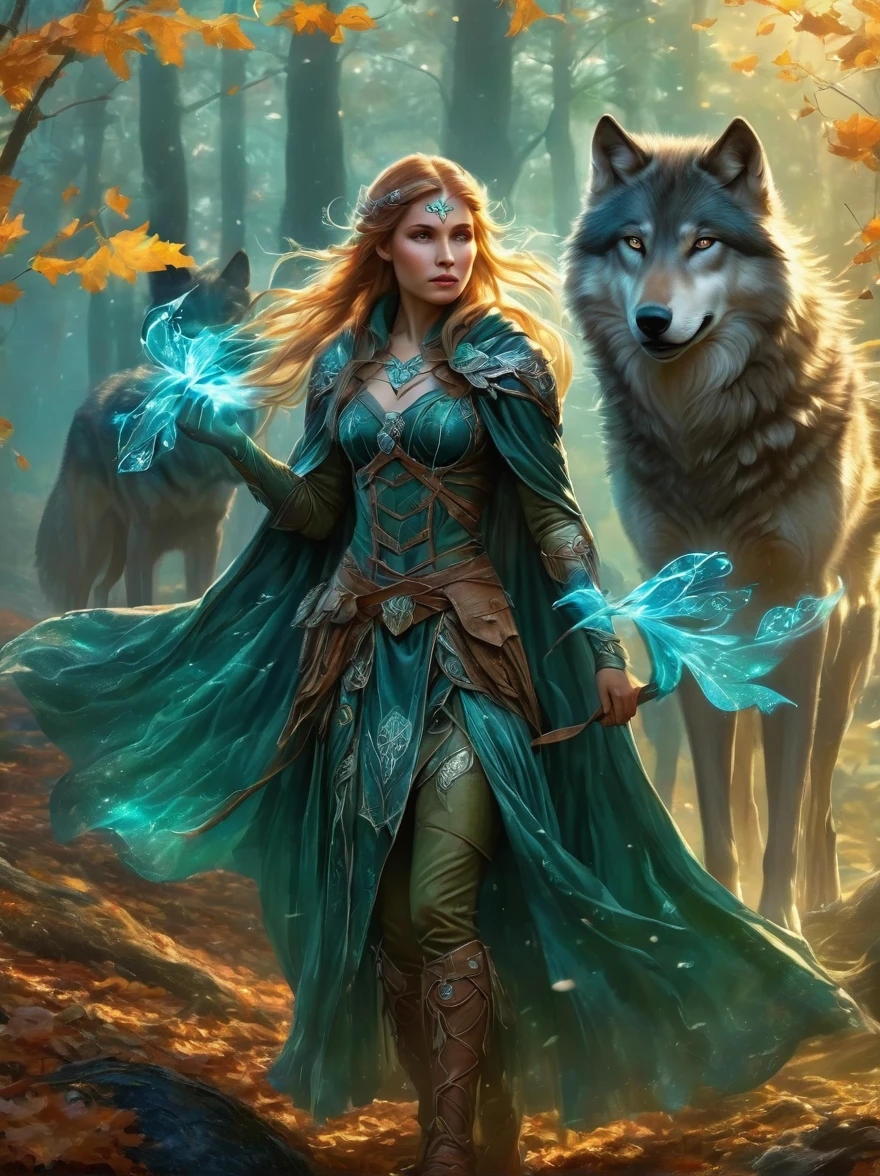 An elven ranger draws a glowing teal bow, braided autumn hair and cloak blowing dramatically. Intricate leaf-shaped armor glints in the mystical forest mist behind her. A wolf stands stalwartly by her side, ready for adventure. Dynamic fantasy landscape, radiant lighting.