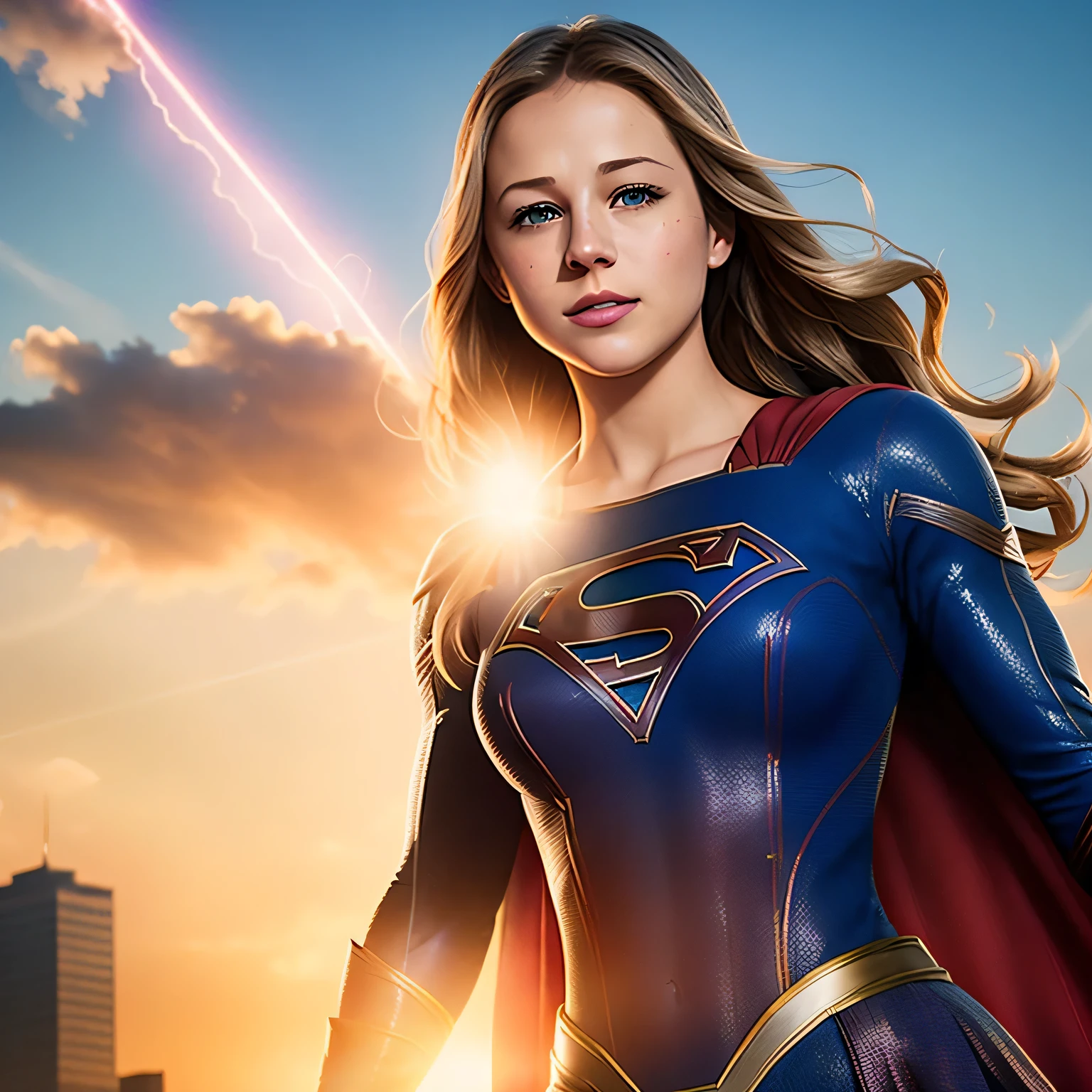 Melissa Benoist in detailed Supergirl costume, large breasts, superhero pose, standing in ruined city at sunset, hyperdetailed, smoke, sparks, sunbeams, (8k), realistic, symmetrical, award-winning, cinematic lightning, soaked, film, 75mm, scratches, full body shot, close-up, torn and dirty clothes, detailed face,