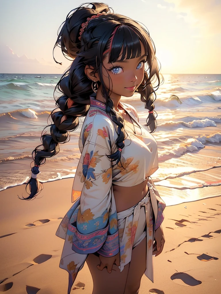 (best quarity,ultra detailed,ultra-high-resolution, absolutely resolution,8k, masterpiece), 20 years old,very-cute-and-beautiful-anime-girl,smile,(standing-sandy-beach:1.5),(sunset:1.2),(backlighting:1.4),(looking up:1.5),(from-side:1.3), sunset,highly-detailed-face-and-eyes,(full-body:1.2),(dark_skin:1.3),(big-breast:1.3),(grossly-ethnic-hair-Accessories:1.2),(wavy hairs),(messy hair),(asymmetry bangs),(long twin braids,tight braids,long braid,braided hair),(multicolored hair),(blue eyes:1.3),hair-accessories,(intricate patterned robes, hair beads,beige crop top),