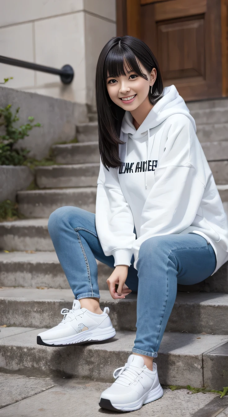 highest quality, Realistic, Very detailed, Finer details, High resolution, 8k wallpaper, One beautiful woman,Sit on the stairs、(Wear black socks)smile、(Beautiful teeth alignment、)(Gums are visible) Oversized hoodie, Skinny jeans, White sneakers、Black Hair、 Beautiful Bangs、ear piercing、、Perfect dynamic composition, Beautiful and detailed, Full Body Shot, A big smile