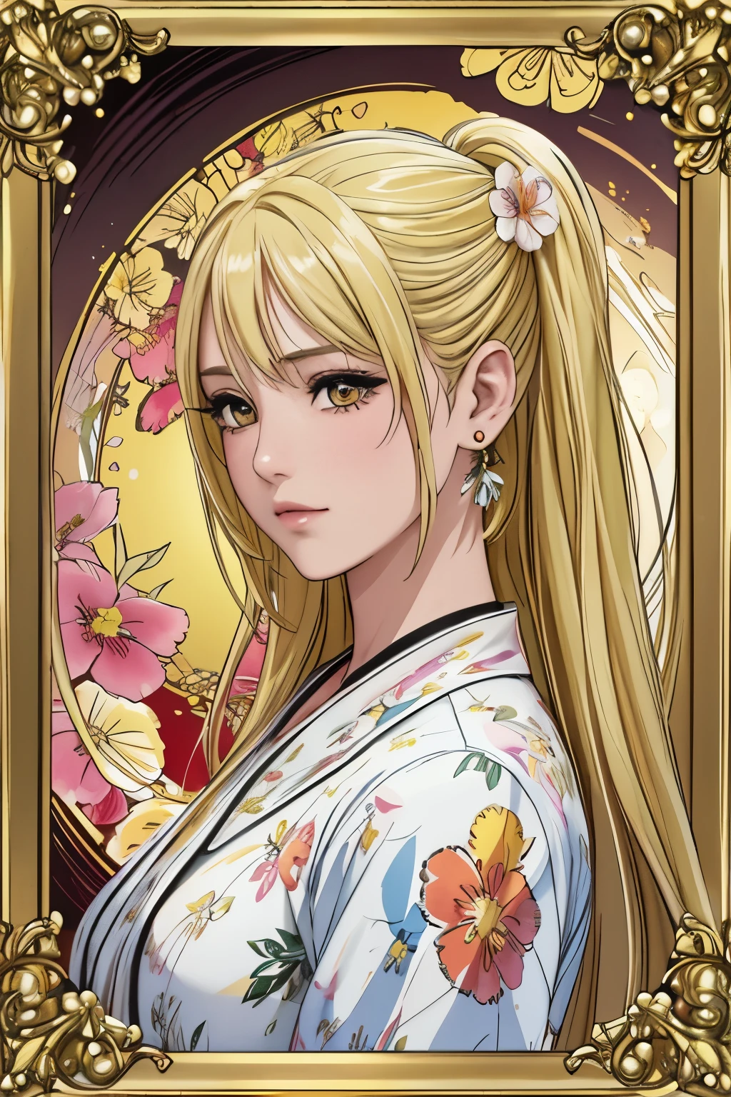 (​masterpiece, top-quality, top-quality, Official art, Beautifully Aesthetic:1.2), orange eyes, (highest quality, masterpiece painting:1.3), immature woman, , (half body shot), masterpiece, ultra high resolution, (((Flower frame, A lot of flowers in the frame, round frame, A beautiful girl fits into the frame))), Decorative panel, abstract art, (shot from a side angle), (Photoreal:1.0), ((light yellow hair)),straight hair, pigtails, beautiful shining hair, white and shining skin, Painterly, sketch, Texture, 超A high resolution, solo, Beautuful Women, A highly detailed, (Fractal Art:1.1), (colourfull:1.1), (florals:1.6), The most detailed, (Zentangle:1.2), (Dynamic Poses), (Abstract background:1.3), (shinny skin), (Many colors:0.8), (earrings:1.4), (pluma:0.9), Taisho romance