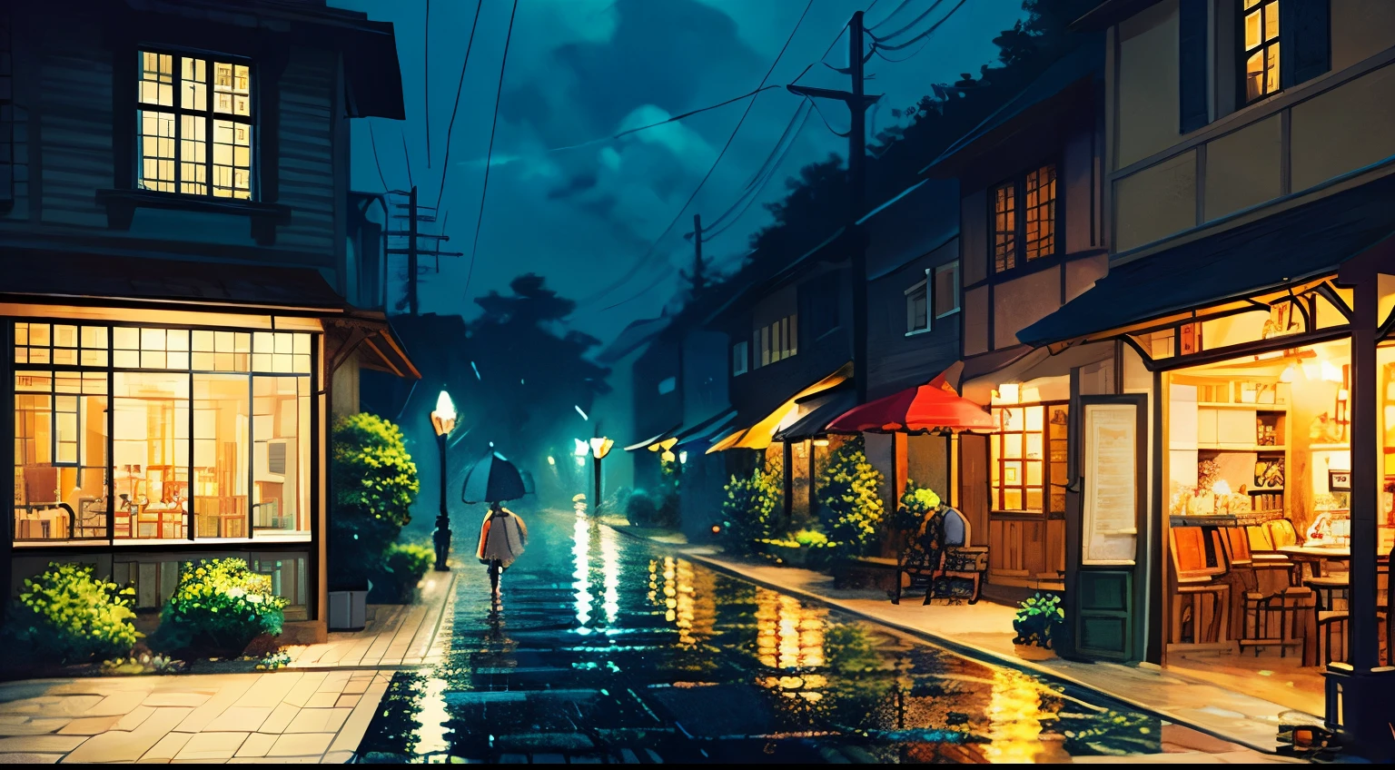 rain　Cafe　night　Ghibli-style illustrations