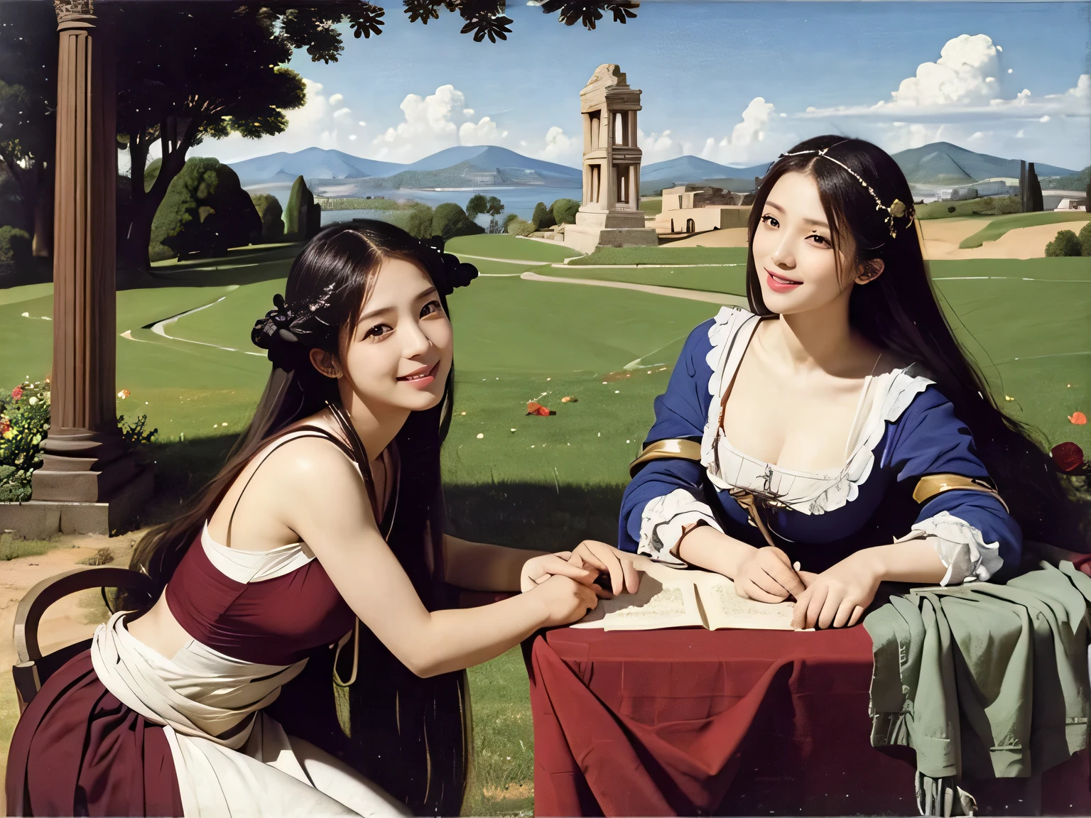 full body portrait or statue、Giorgione painting style,Arguments of two female Philosophe,math、astronomical machine、astronaut、roses in vase、fruits、Cute trinkets、smile、ancient greek costume、Ancient Roman landscape in the style of Nicolas Poussin,laughter,,Sweet and seductive appearance.、Caravaggio's paintings、Chiaroscuro of Caravaggio、hair tousled by the wind,Two women frolicking,cute smile, expression of ecstasy,Sexy,erotic,