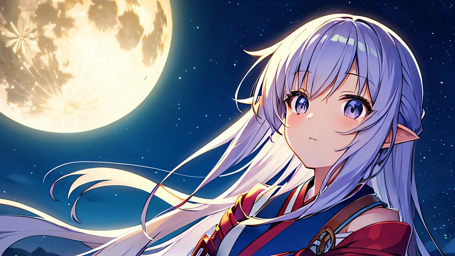 Bright moonlit night　Japanese anime style　quiet night　forest　Girl looking up at the sky