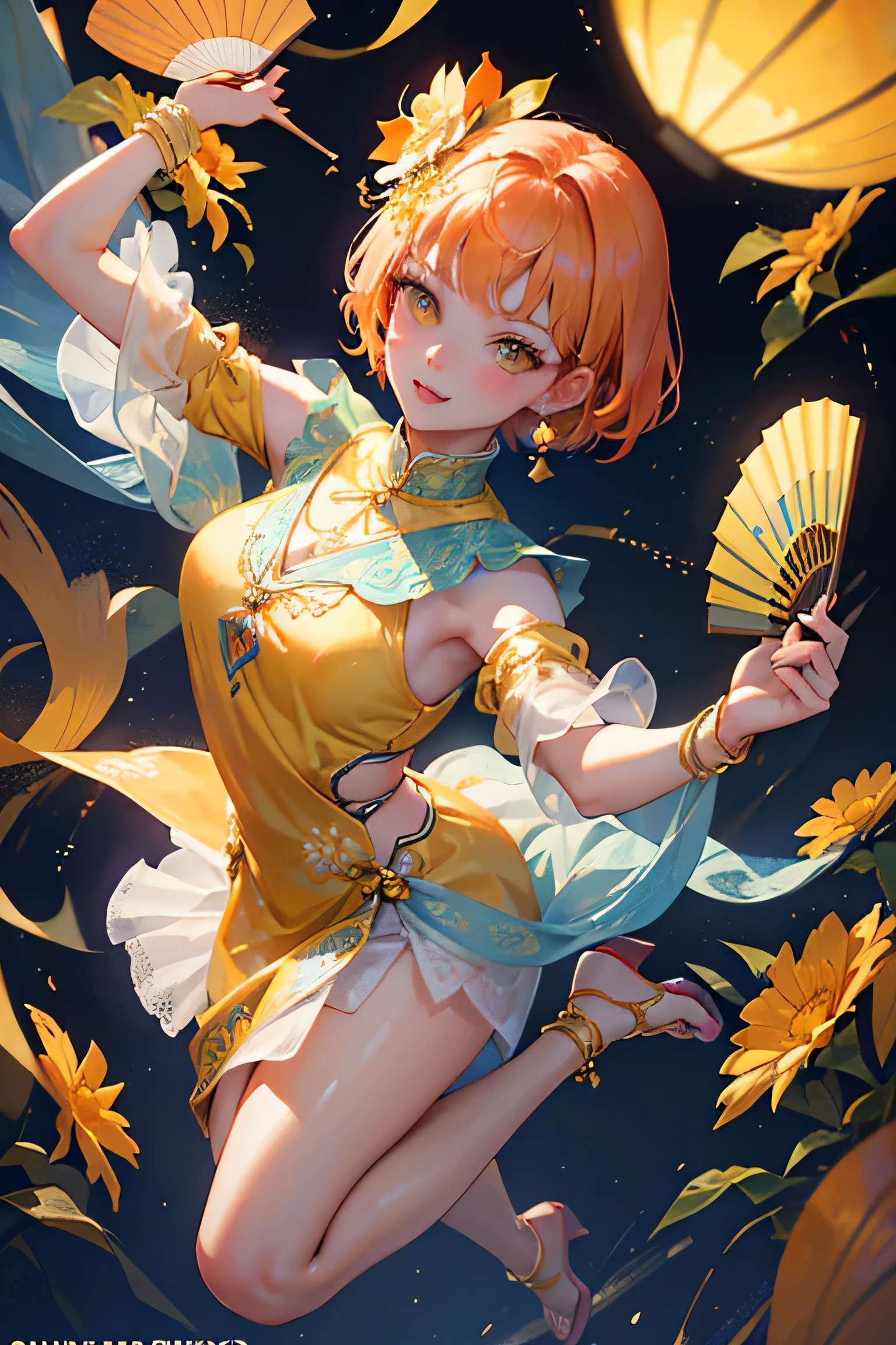 masterpiece, highest quality, so beautiful,A cool adult woman wearing a Nice Bollywood outfit、Jasmine Style、up to date, Orange short hair、Yellow Eyes, alone, Dancing wildly, Holding a folding fan、Holding a folding fan, hair ornaments, View from above、Nice、Blooming flower pattern、nice、 And dance wildly、danger、Jumping、cool