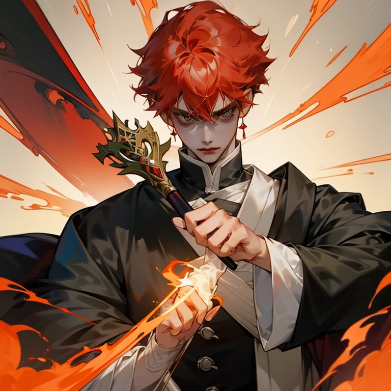 Araped image of a red-haired woman holding a cane, Handsome man in demon slayer art, by 양J, Demon Slayer Artstyle, beautiful male grim reaper, beautiful androgynous prince, Demon Slayer Louis Fan Art, handsome japanese devil boy, Detailed animated character art, Keqing from Genshin Impact, Orange-haired anime boy, Epic and exquisite character art, Flame Wizard