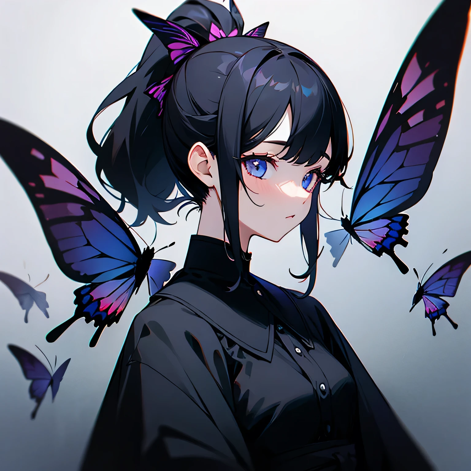 girl、Black Hair、ponytail、Black Dress、Black butterfly、Dark Background