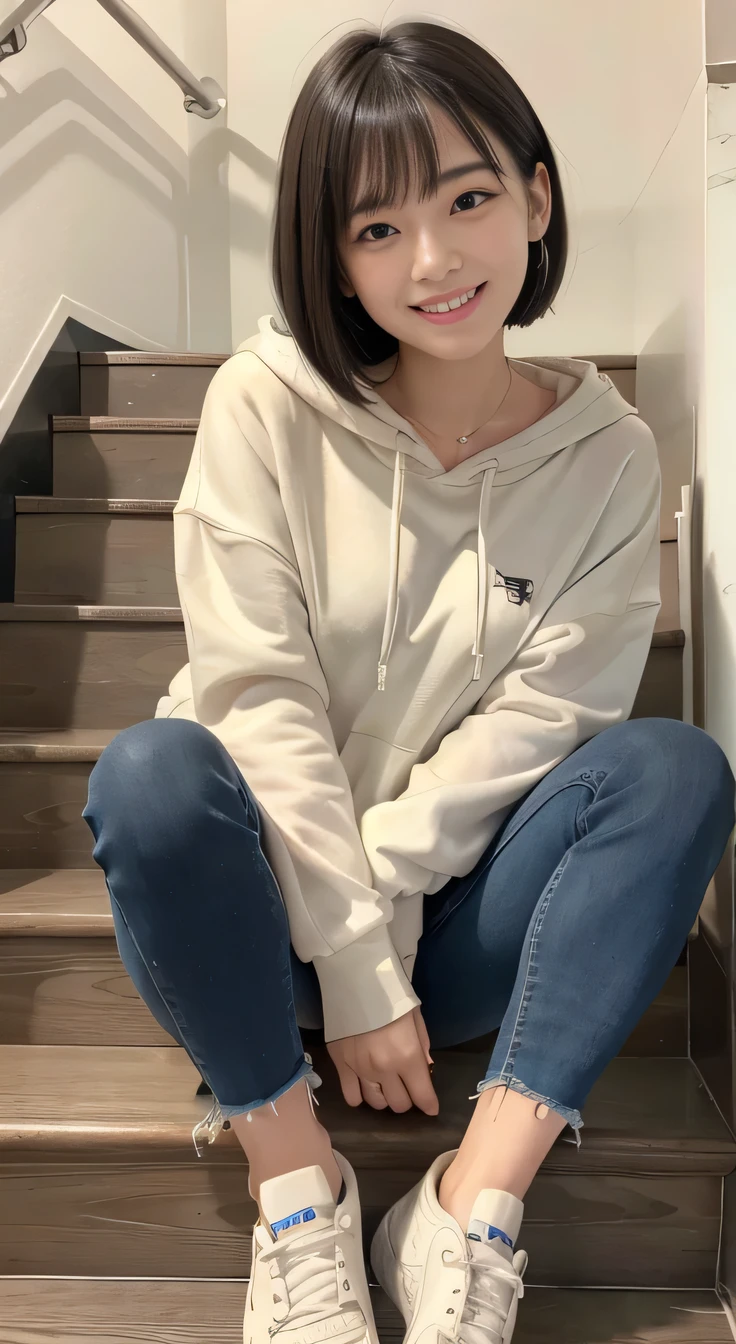 highest quality, Realistic, Very detailed, Finer details, High resolution, 8k wallpaper, One beautiful woman,Sit on the stairs、(Wear black socks)smile、(Beautiful teeth alignment、)(Gums are visible) Oversized hoodie, Skinny jeans, White sneakers、Black Hair、 Beautiful Bangs、ear piercing、、short hair、Perfect dynamic composition, Beautiful and detailed, Full Body Shot, A big smile