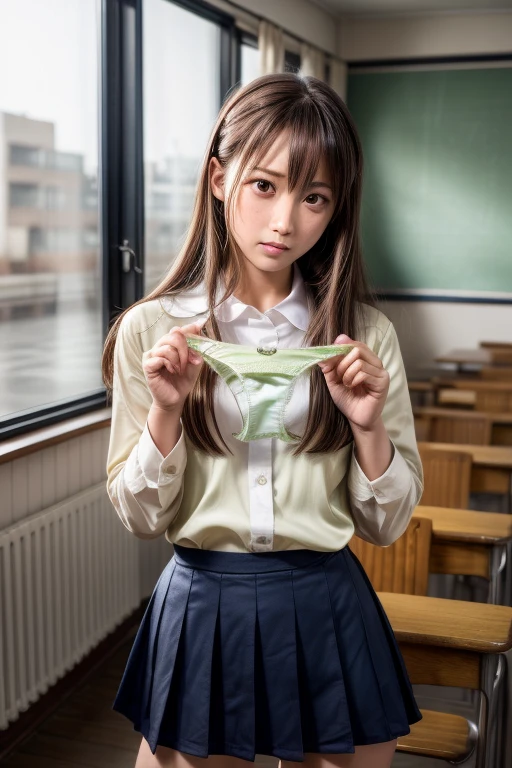 (absurdres:1.3),8K,(detailed photograph:1.5),(detailed face and skin:1.3),(ultra high res:1.5),(photorealistic:1.5),symmetric clear eyes,well-groomed face,(ray tracing:1.3) ,1girl, Japanese,high school girl,(wearing Japanese high school uniform:1.3),(navy high school uniform:1.3), BREAK (presenting panties),(detailed light Green silk panties:1.1),masterpiece, best quality, highly detailed,classroom,Black mideum straight hair,focus panty,cinematic lighting,(blushing:1.3),(Stain on panties:1.4),