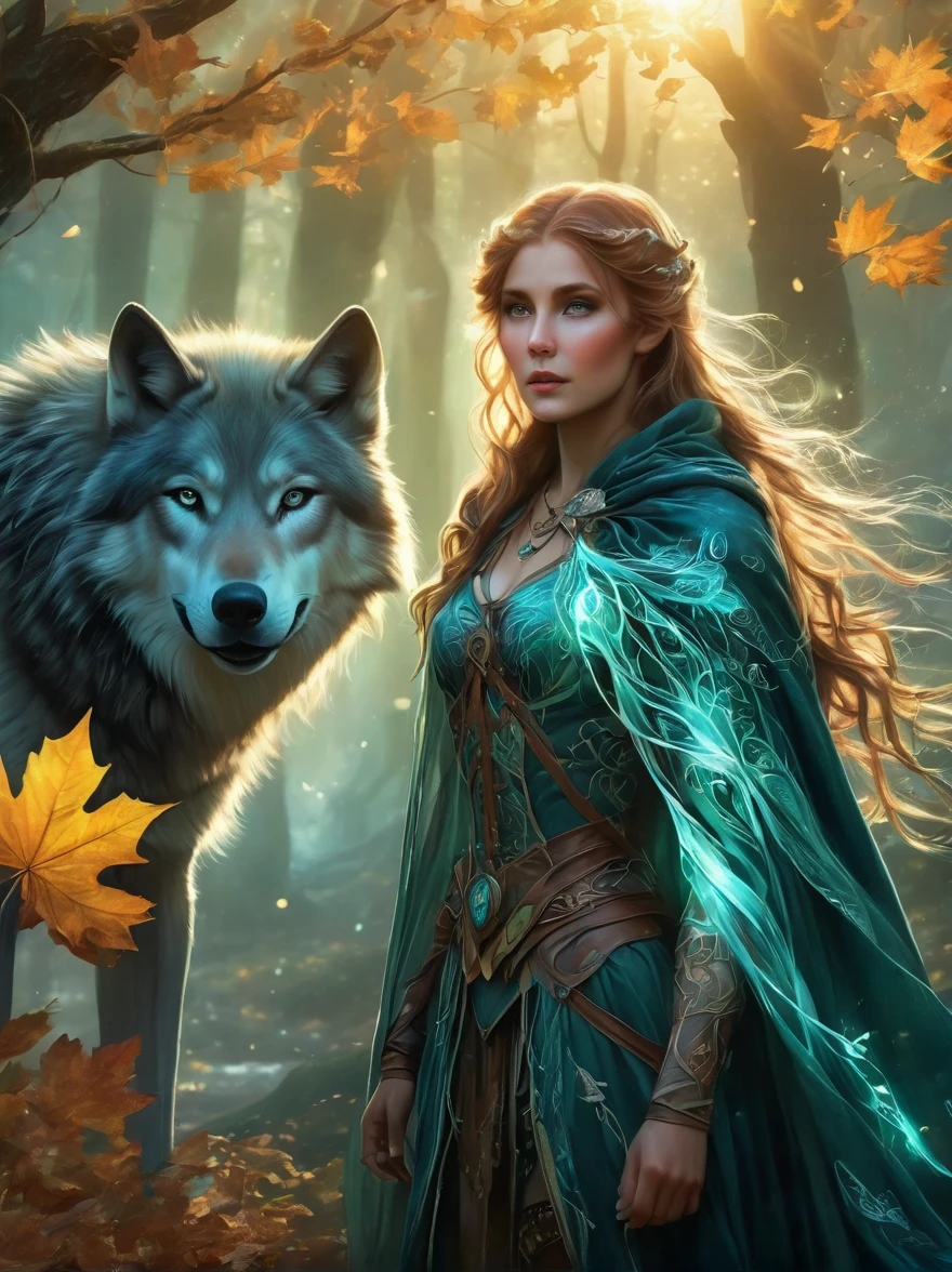 An elven ranger draws a glowing teal bow, braided autumn hair and cloak blowing dramatically. Intricate leaf-shaped armor glints in the mystical forest mist behind her. A wolf stands stalwartly by her side, ready for adventure. Dynamic fantasy landscape, radiant lighting.