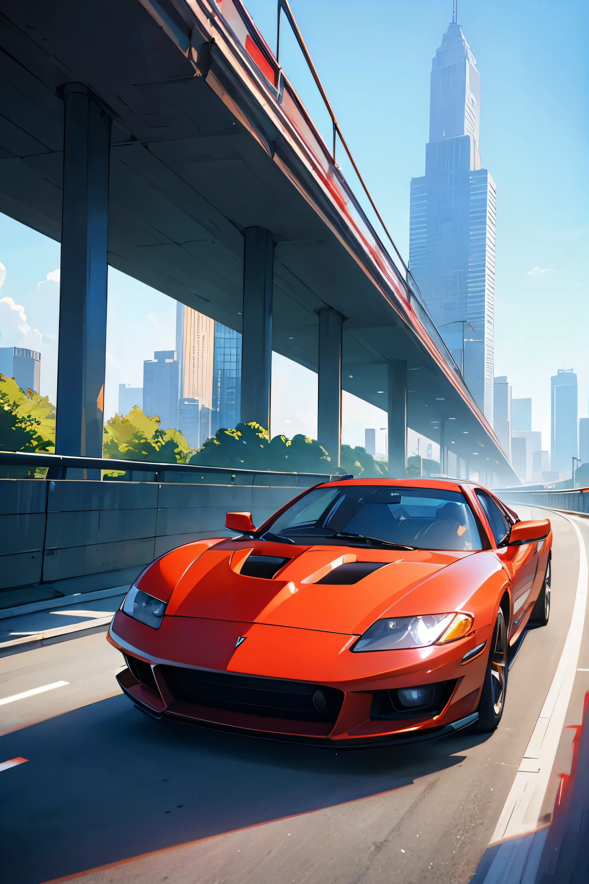 Super bright and modern metallic-vermillion racing car is running on the expressway,
City of high transportation technology complex, skyscrapers , and towers,
Good green environmental atmosphere,
Morning sunlight with blue sky and white cloud