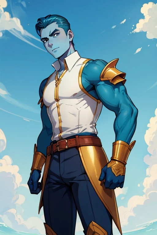male, teal short slicked back hair, blue eyes, (((1boy))), (((blue skin tight shirt))), (brown gloves), (brown boots), (white pants), (gold shoulder guards), (white half skirt with blue trim), handsome, long legs, muscular, chest exposed, holding trident