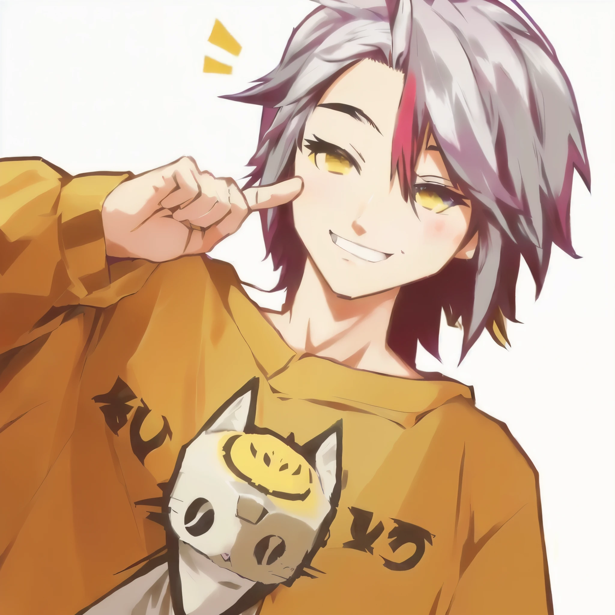 anime boy with a cat mask and a yellow shirt, with index finger, ( ( ( yoshinari yoh ) ) ), anime boy, in an anime style, in anime style, akihiko yoshida!, neferpitou, (winking), high quality fanart, anime character, anime artstyle, anime style