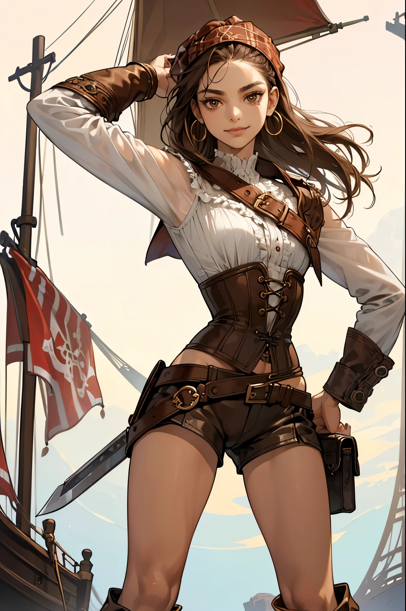 (masterpiece), best quality, expressive eyes, perfect face, (pirate ship background), (standing), (smirk), (closeup view), (1girl, dark skin, tanned skin, brown hair, wavy hairstyle, brown eyes, hourglass figure, thin body, skinny body, petite_body, small breasts, thick thighs, long fingernails, brown plaid head wrap, white front lace blouse, long sleeve, loose fit, brown leather corset, brown leather shorts, brown boots, sheathed cutlass sword, flintlock pistol in holster, hoop earrings, miscellaneous jewelry)