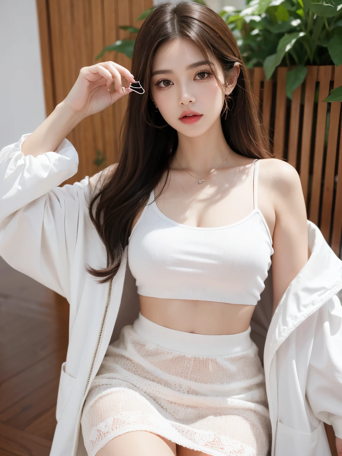 Kim Jennie with white brown hair, con rulos en las puntas, with two bows on each side of the hair, all her hair white brown, with a star clip in her white brown hair, ojos de color claro, ojos bonitos, ojos llorosos, nariz bonita y respingada, nariz lloroso, labios bonitos, labios rosas, heart and cupid shaped lip, piel bonita, pale, piel blanca, con lunares y pecas en todo el rostro, rubor rosa suave en las mejilla, rubor rosa natural, maquillaje suave y rosa, jennie, cuello bonito, cuello marcado, frown, mirada tierna, con un collar de beso, un collar bonito de beso, parecido a Yumeko Jabami, mientras lleva puesto un Crochet YK2, de lana, with a YK2 style brown mini skirt, mientras lleva una casaca con estampados de ositos, mientras tiene el abdomen desnudo, delgado, marcado y bonito, (pechos grandes, pechos suaves, pechos bonitos), mientras esta haciendo cospaly del personaje Yumeko Jabami, del anime Kakegurui, mirando a la camara, autofoto, selfie bonita
